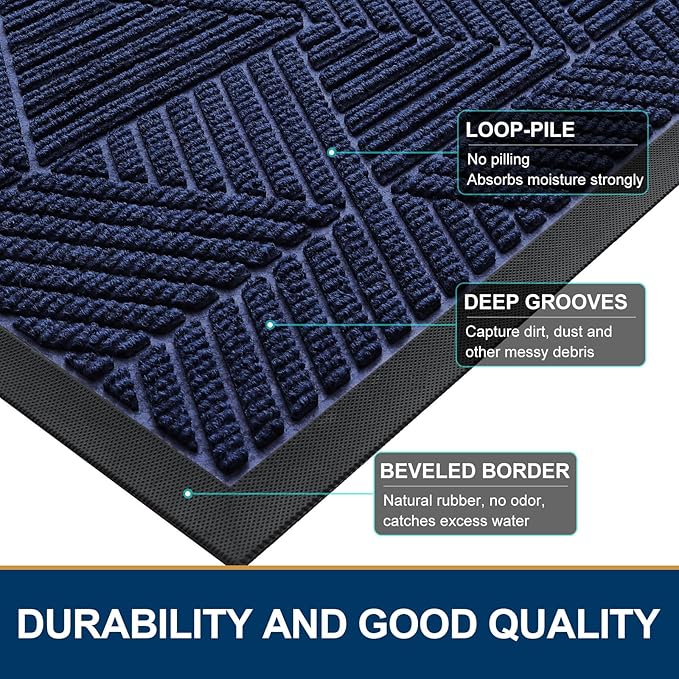 Smiry Half Circle Front Door Mat Outside Entrance, Heavy Duty Sturdy Natural Rubber Doormat, Trap Dirt and Moisture, Low Profile Mats for Indoor Outdoor Entry, Irregular Triangle (47x32, Navy Blue) - Bloomnest