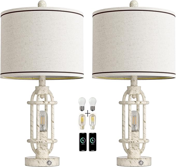 23.75'' Table Lamps Set of 2 for Living Room Bedroom Industrial Farmhouse Metal Touch Lamps with USB A+C Ports, Night Light Vintage Nightstand Bedside Lamp, Bulbs Included, White - Bloomnest