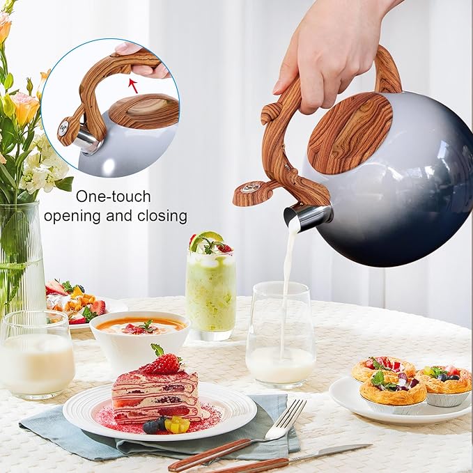 GGC Tea Kettle for Stove Top, 3.1QT/3L Whistling Tea Kettles for Boiling Water Coffee or Milk, Grey&Black Gradient kettle Pot with Wood Parttern Handle, Stainless Steel Pot for Home and Kitchen - Bloomnest