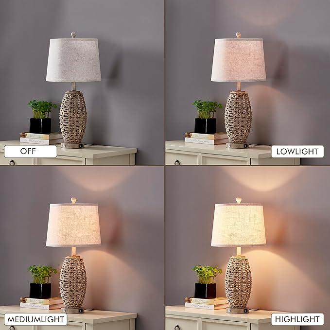 27” Natural Rattan Table Lamps Set of 2,Touch Switch,3-Way Dimmable Bedside Lamps, with A+C USB Charging Ports,Oatmeal Lampshade,Farmhouse Table Lamp for Bedroom, Living Room(2 Bulbs Included) - Bloomnest