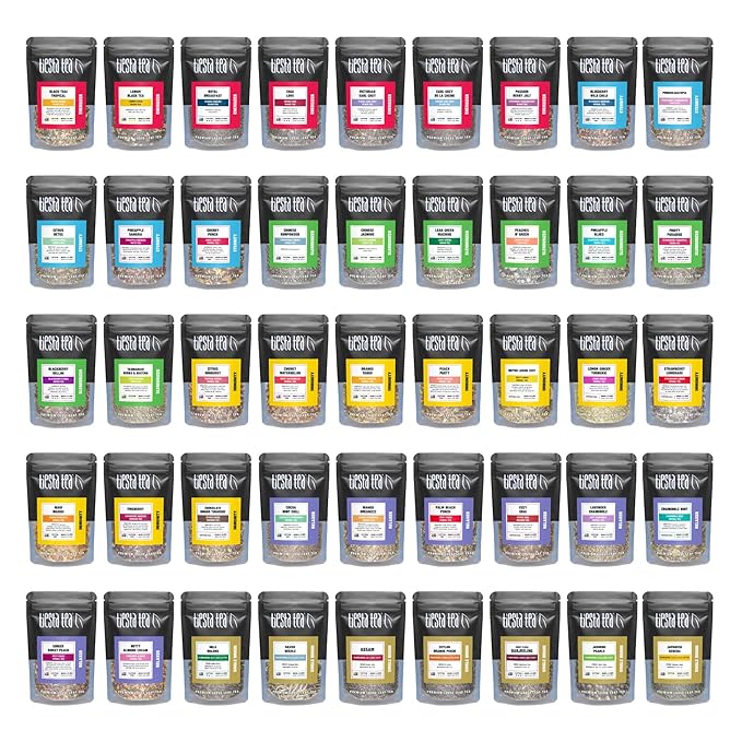 Tiesta Tea - Tiesta Tastings Sampler Dry Flight Set, Loose Leaf, High to No Caffeine, Makes Hot and Iced, Assorted Tea Sets with Herbal, Chai, Fruit Blend & More, 45 Resealable Sample Pouches - Bloomnest