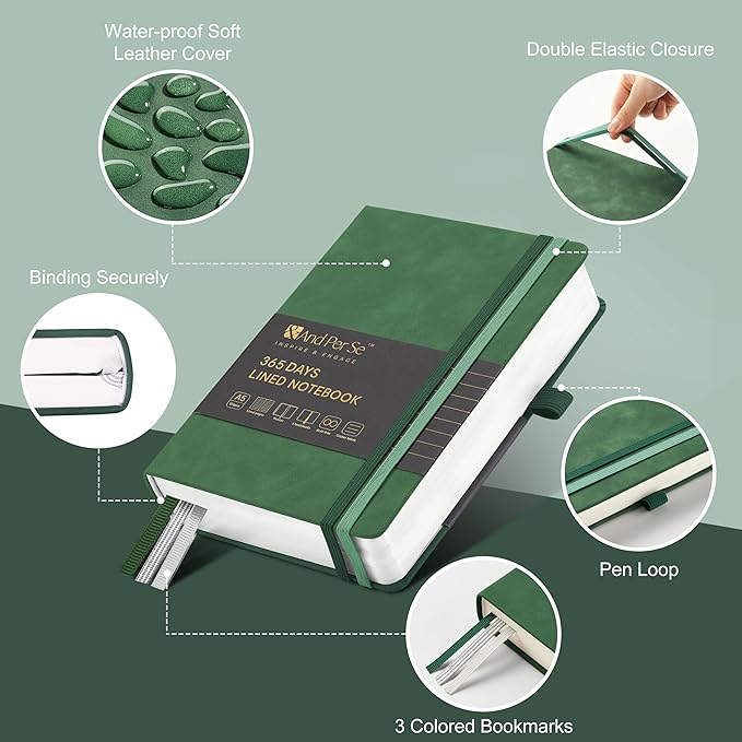 &And Per Se Lined Journal Notebook, 365 Pages, A5 Faux Leather Hardcover,100GSM Thick Paper, Journal for Women Men, Journaling Notebooks -5.7x8 (Green)