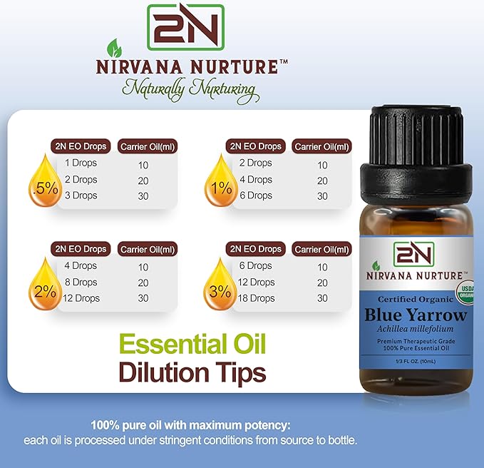 Blue Yarrow Essential Oil, USDA Certified Organic, 100% Pure Undiluted, Aromatherapy Oil for Diffuser, Hair & Skin Care NirvanaNurture