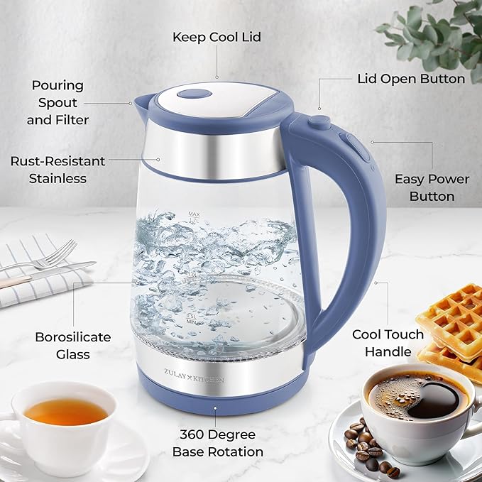 Zulay Kitchen Fast Boiling Electric Water Kettle - 1.7L, 1500W, Auto Shut-Off for Overboil & Boil Dry Protection, Cool-Touch Handle, 360° Base - Rapid Teapot Boiler For Coffee & Tea - Blue - Bloomnest