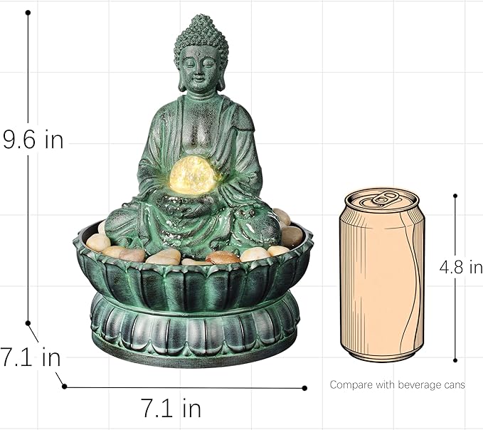 Indoor Tabletop Fountain Buddha Exquisite Sitting Meditation Statue, Desk-Top Water Fountain Decorative Zen Fountain w/Glass Rolling Ball/LED/Stone for Office/Home/feng Shui Decor 9.4" - Bloomnest