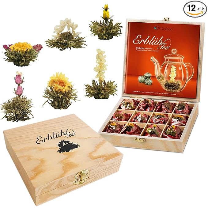 Creano Blooming Tea - Flowering Ball Gift Set in Stylish Wooden Box - 12 Pieces, White Tea - Bloomnest
