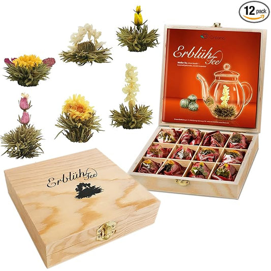 Creano Blooming Tea - Flowering Ball Gift Set in Stylish Wooden Box - 12 Pieces, White Tea - Bloomnest