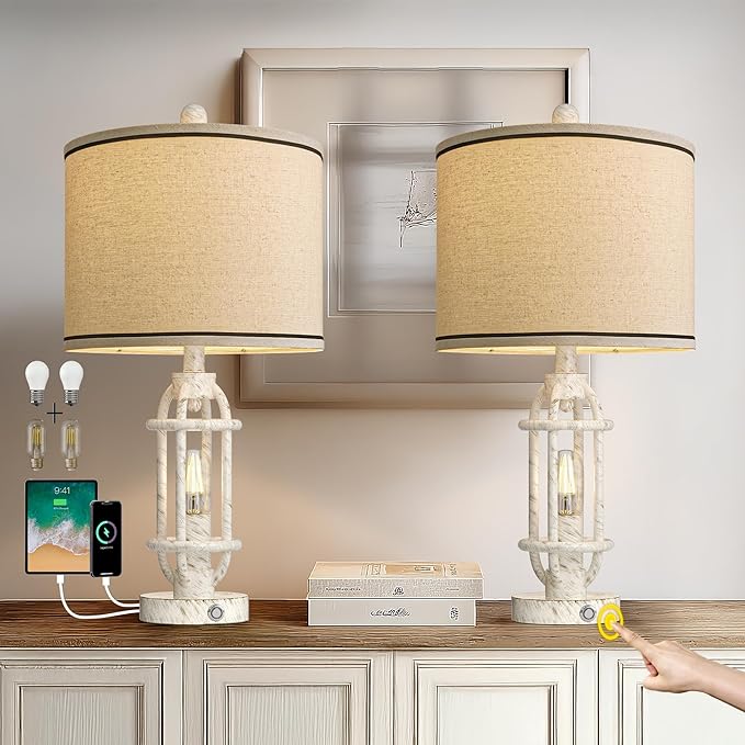 23.75'' Table Lamps Set of 2 for Living Room Bedroom Industrial Farmhouse Metal Touch Lamps with USB A+C Ports, Night Light Vintage Nightstand Bedside Lamp, Bulbs Included, White - Bloomnest