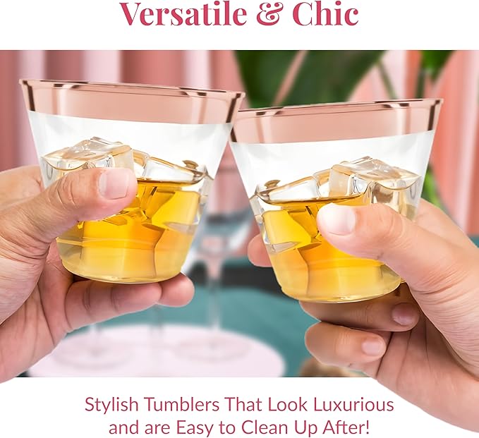 Prestee 200 Rose Gold Plastic Cups, 9oz – Elegant Hard Disposable Tumblers for Wine, Cocktails & Beverages – Clear Plastic Cups with Rose Gold Rim – Bulk Party Drinkware for Weddings, Holidays & Event - Bloomnest