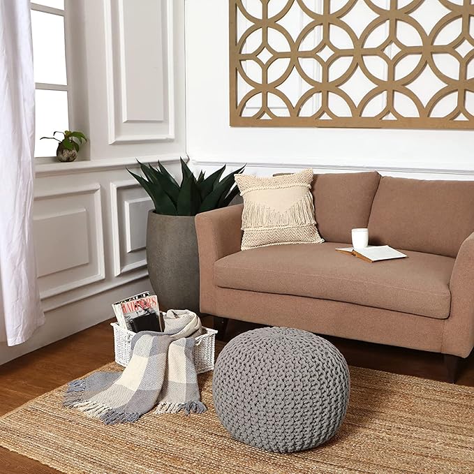 REDEARTH Round Boho Pouf Ottoman - Cable Knitted Cord Boho Pouffe - Stuffed Poof Accent Beanbag Footrest for Living Room - Nursery - Bedroom - Covered Patio - Study Nook (19.5"x19.5"x14") - Gray - Bloomnest