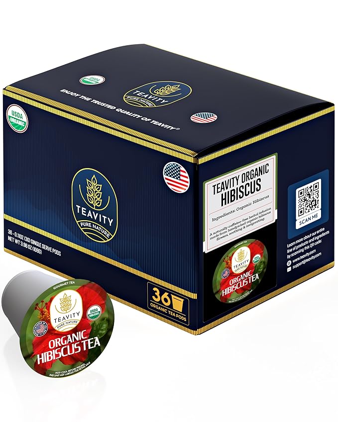 Organic Hibiscus Sabdariffa Tea Organic Naturally Decaf Tea Pods for Keurig by Teavity (36 Tea Pods) - Bloomnest
