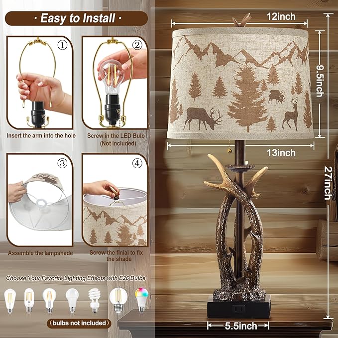 Farmhouse Deer Antler Table Lamps Set of 2 Rustic Western Bedside Lamp with USB A+C & Outlet for Log Cabin Bedroom Hunting Themed Living Room End Table Country Home decor,Deer Print Linen Fabric Shade - Bloomnest
