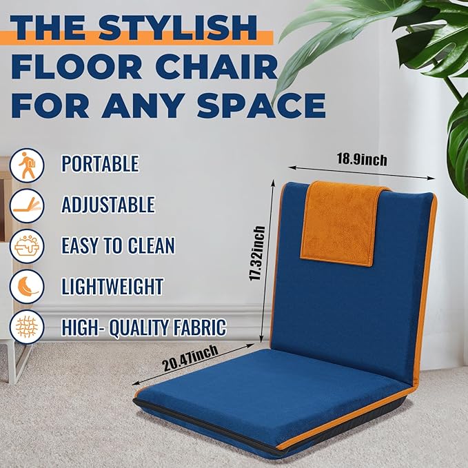 2 Pcs Floor Chair with Back Support Padded Floor Seating Portable Floor Seat Meditation Cushion Adjustable Fully Folding Backrest for Adult Kid Gaming Linen Washable Cover, Nylon Bottom (Blue, Khaki) - Bloomnest