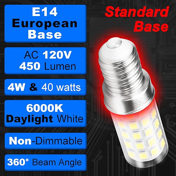 E14 European Base LED Bulb 4W Equivalent 40W Daylight White 6000K 450lm AC100V-265V T6 C7 E14 Candelabra Bulb for Turkish Persian Mosaic Lamp Pendant Refrigerator Bulb Wall Sconces,Non-Dimmable,3 Pack - Bloomnest