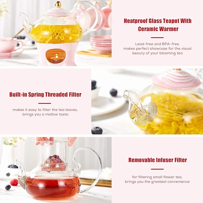 DUJUST 21 pcs Small Tea Set of 6, Pink Marble Set, Handcraft Golden Trim, Porcelain Tea Pot Set for Kids&Adults, 1 Glass Teapot(22oz), 6 Cups(4oz), 6 Saucers, 6 Spoons, 1 Shelf&1 Warmer - Bloomnest