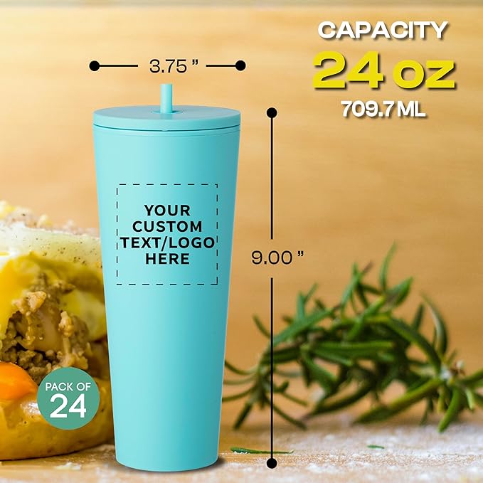 DISCOUNT PROMOS Custom Kenai Plastic Tumblers with Straw 24 oz., Set of 24, Personalized Bulk Pack - Ideal for Busy Professionals, With lids, Ice Coffee Tumbler, To Go Cup, Insulated - Mint - Bloomnest