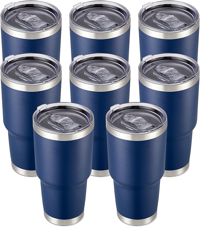 30 oz Tumbler with Lid Stainless Steel Tumblers Bulk Vacuum Insulated Cup Reusable Powder Coated Travel Mug Double Wall Leak Proof Cups Keep Cold Drinks for 12 Hours Navy, Set of 8