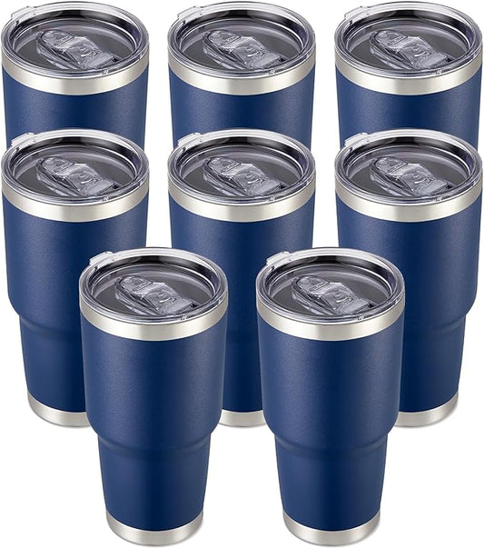 30 oz Tumbler with Lid Stainless Steel Tumblers Bulk Vacuum Insulated Cup Reusable Powder Coated Travel Mug Double Wall Leak Proof Cups Keep Cold Drinks for 12 Hours Navy, Set of 8