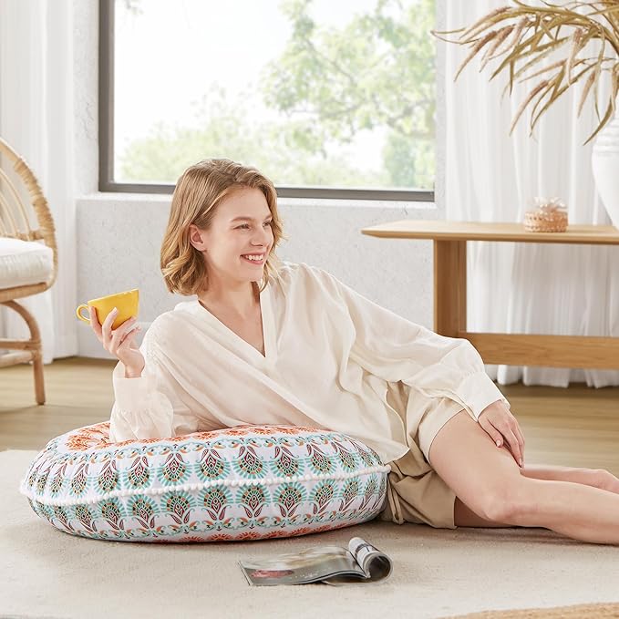 Codi Floor Pillows for Adults Set of 2, Large Boho Meditation Cushions with Memory Foam, Round Mandala Seating for Outdoor Yoga and Living Room, Washable, 32 Inch, Coral