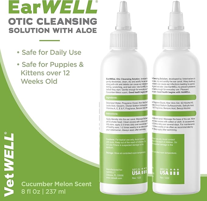 VetWELL Ear Cleaner for Dogs and Cats - Otic Rinse for Infections and Controlling Ear Infections and Odor in Pets - 8 oz (Cucumber Melon) - Bloomnest