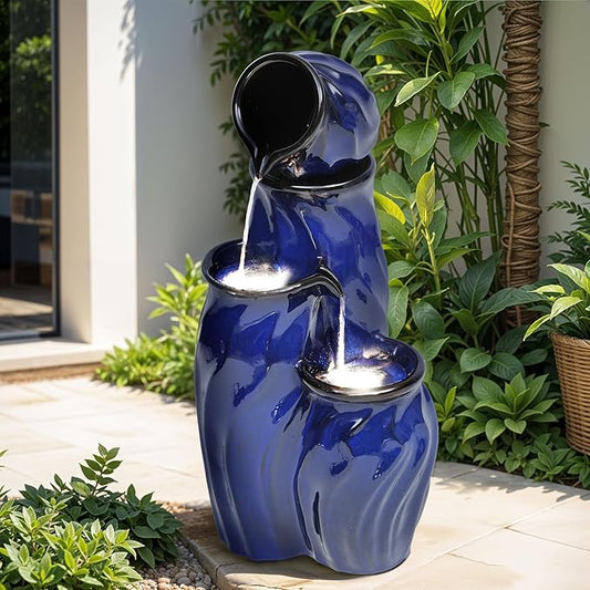 29" Tall Ceramic Water Fountain Outdoor with LED Lights, 4-Tier Cascading Waterfall Garden Fountain, Ideal for Serene Relaxing Patio, Yard or Porch, Cobalt Blue Glaze, Dynamic Wave-Texture - Bloomnest