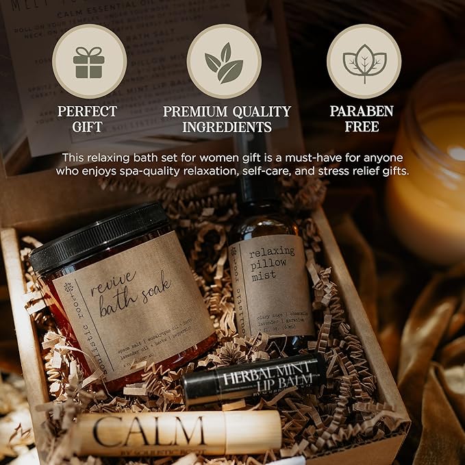 SOULISTIC ROOT Self-Care Set - Luxury Spa Bath Kit, Pillow Mist, Cooling Lip Balm, Tranquil Essential Oil Roller & Epsom Salt Bath Soak Pampering Package, Valentine's Day Holistic Gifts for Him & Her - Bloomnest