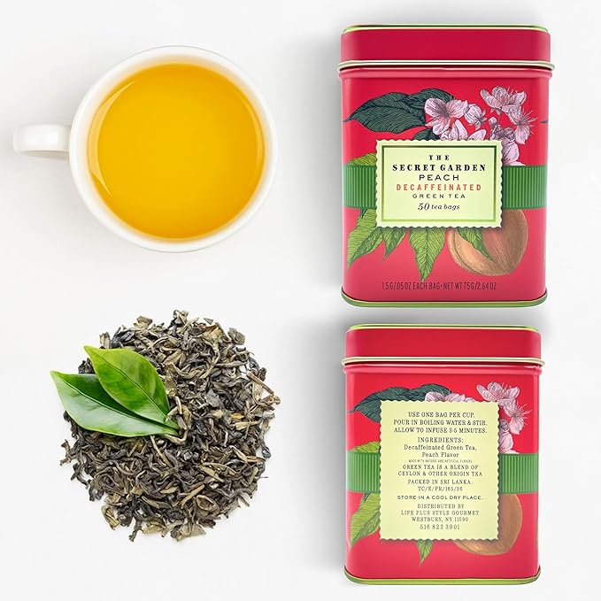 Premium Decaf Peach Herbal Green Tea Bags 50 Pack Designer Tin, Eco-Friendly, Sugar Free, Keto & Diabetic Friendly Full Bodied Aromatic Flavor Family Share Size Bulk Teabags (50-Count) - Bloomnest