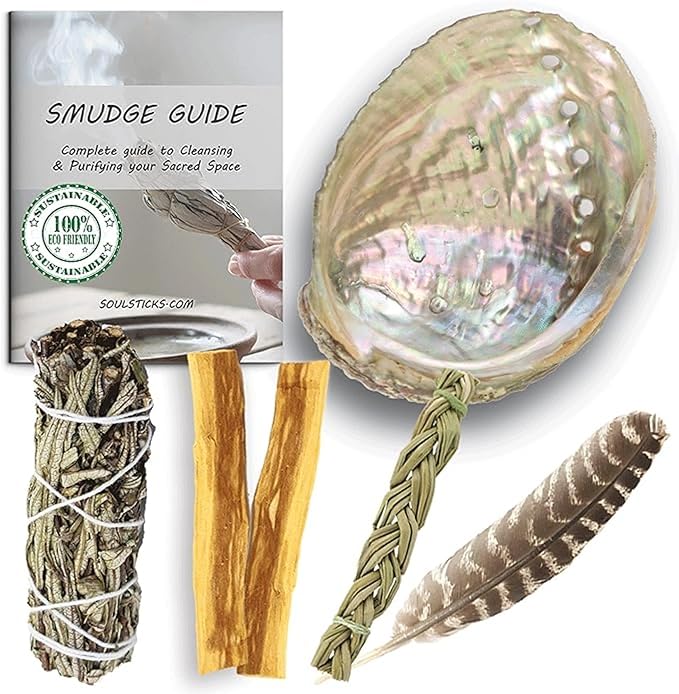 Ancient VEDA Organic Smudge Kit – Yerba Santa, Palo Santo, Sweetgrass, Abalone Shell, Feather & Smudge Guide | Smudging Kit for Home Cleansing, Meditation, Healing (Healer's Kit, Yerba Santa Sage) AncientVeda