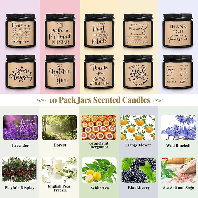 Roowest 10 Jars Thank You Gift Candles 3.5 oz Employee Appreciation Gifts Bulk Soy Wax Jar Inspirational Candle Thank You for Coworkers Employee Women Teacher Volunteers(Black,Classic Style) - Bloomnest