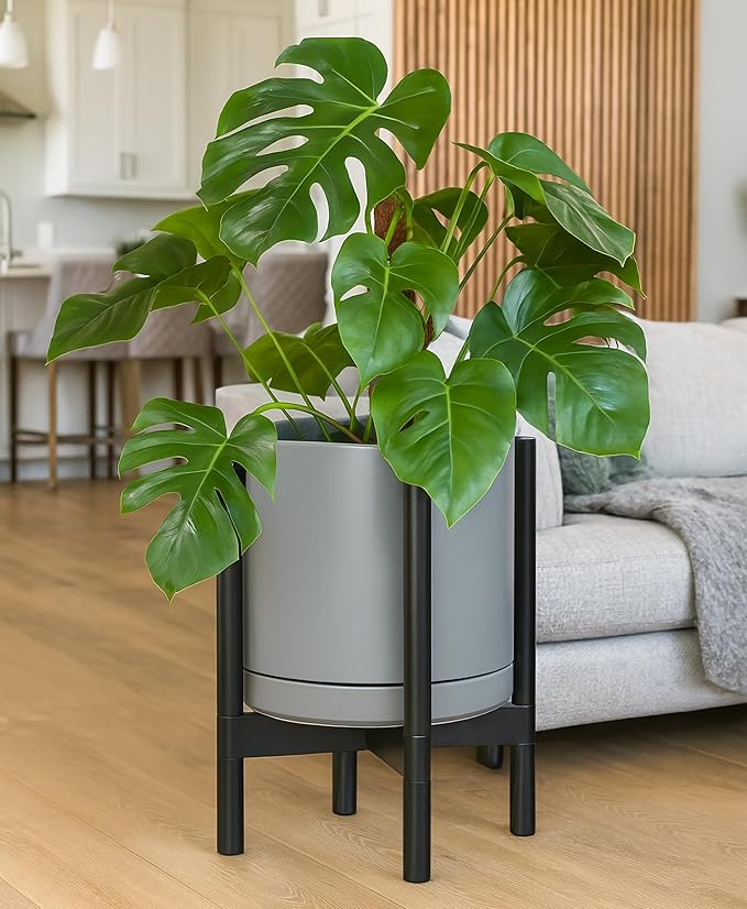 D'vine Dev Ceramic Planter with Ebony Stand - 12 Inch Modern Round Flower Pot with Wood Planter Holder, Grey, 55-B-H-3 - Bloomnest