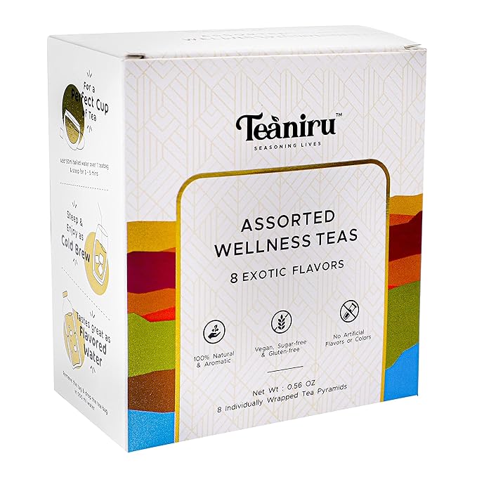 Teaniru, Assorted Tea Sampler Pack - 8 Exotic Wellness Flavors | Individually Wrapped in Pyramid Tea Bags | 100% Natural Ingredients - Pure Leaf Tea | Tea Variety Pack - Bloomnest