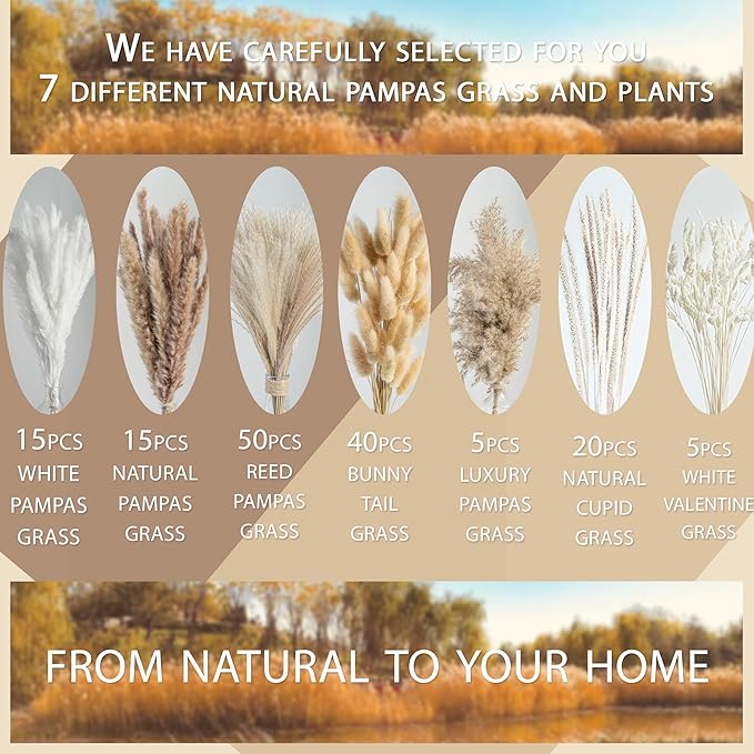 150pcs Pampas Grass + 1 White Ceramic vase + 1 Wood Bead Garland , Boho Home Decor Bouquet Phragmites Dried Flowers Bouquet for Wedding Floral Arrangements Home Decorations - Bloomnest