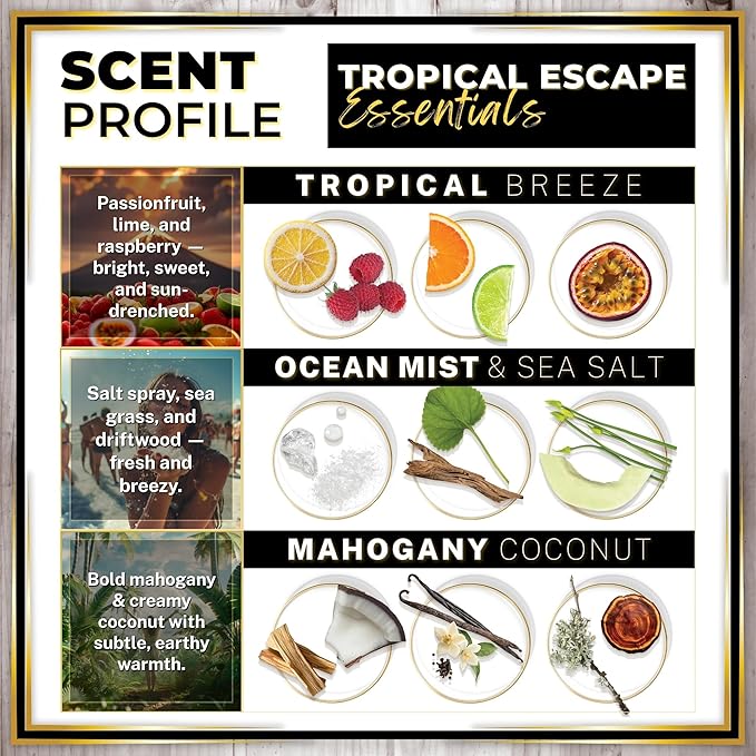 Urban Naturals Car Air Freshener Diffuser 3 Pack - Tropical Escape Essentials Scent, 45+ Days Long Lasting Fragrance, Made in USA, Glass & Wood, Hanging Design + Vent Cip, Easy To Use - Bloomnest