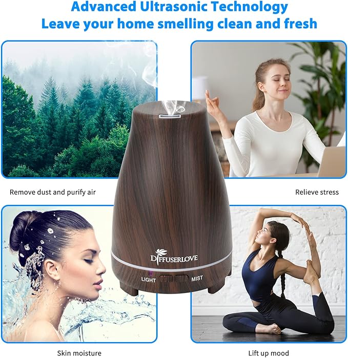 Diffuserlove Essential Oil Diffusers 200ML, Remote Control Aromatherapy Diffuser with 7 Color Lights, Auto Shut-Off for Bedroom Office Kitchen (Black Wood Grain) Diffuserlove