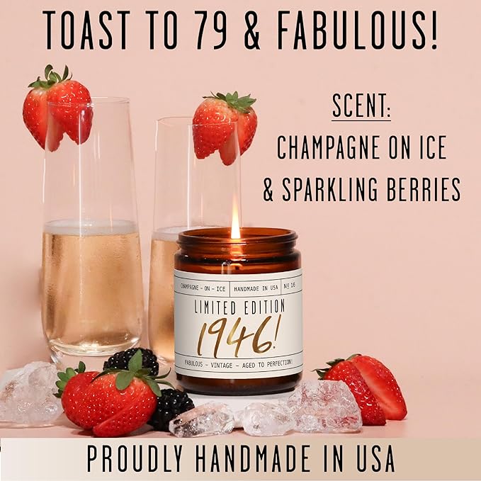 79th Birthday Gifts for Women - 'Limited Edition 1946' Soy Candle, w/Champagne on Ice I 79 Birthday Gifts for Women I 79th Birthday Gift for Her Ideas I 9oz Reusable Jar, 50Hr Burn, Made in USA - Bloomnest