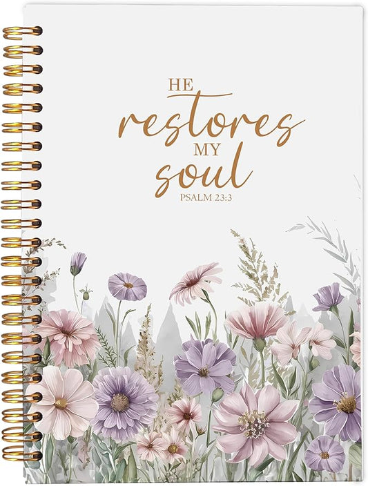 Christian Notebook for Women, Christian Art Gifts Journal, Prayer Journal for Women, Bible Journaling Notebook, PSALM 23:3 He Restores My Soul Floral Spiral Notebook 5.5x8.3 - Bloomnest