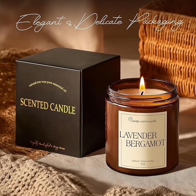 Lavender & Bergamot Scented Candles for Home, Natural Soy Wax Aromatherapy Non Toxic Candle Gifts for Women Men, Home Fragrance Decoration Glass Jar Candle for Meditation and Relaxation (9oz - Bloomnest