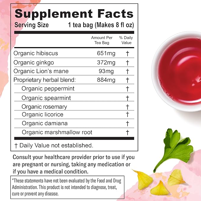 Numi Organic Damiana Focus Herbal Tea – 48 Herbal Tea Bags – Caffeine Free Blend with Damiana Ginkgo Lion’s Mane Hibiscus Mint & Licorice for Mental Clarity & Natural Energy - Bloomnest