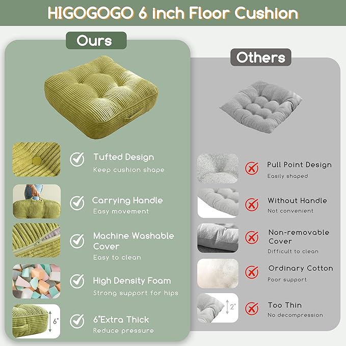 6" Washable Floor Pillow Cushion for Adults, Meditation Cushion Pillow, Large Square Floor Sitting, Removable Tufted Corduroy Cover, for Tatami Living Room or Yoga, 22x22 Inch, Machine Washable - Bloomnest