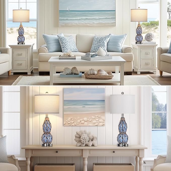 26" Coastal Glass Table Lamps Set of 2, 3-Way Dimmable Touch Lamps with USB Ports and AC Outlet, Nautical Bedside Lamps for Bedroom Living Room - Bloomnest
