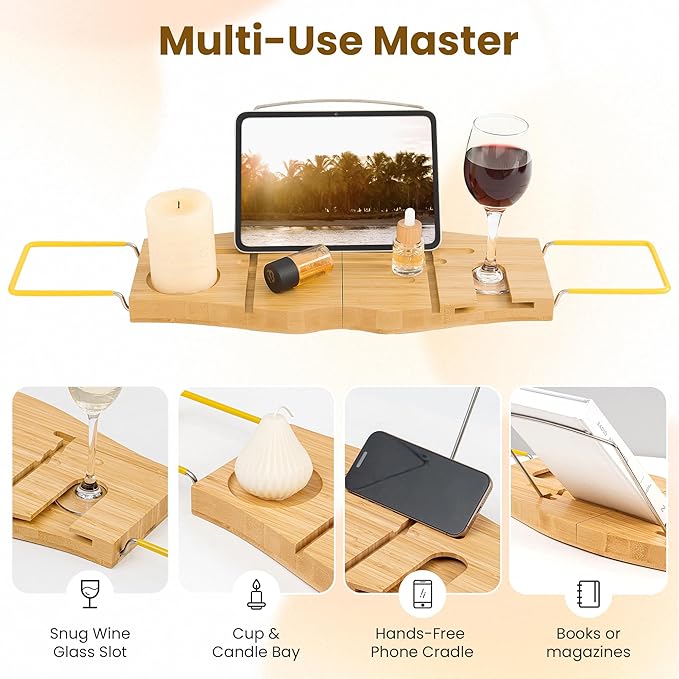 Bamboo Bathtub Tray Expandable Bathroom Tray for Home Spa Relaxation, Wooden Tray Caddy for Bathtub, Bamboo Bathtub Caddy as Unique Housewarming, Birthday, Wedding Shower Gifts. - Bloomnest