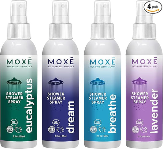 MOXE Aromatherapy Shower Mist Variety Pack, Eucalyptus, Lavender, Breathe and Dream, Spa Steam Spray, Natural 100% Essential Oils, Made in USA, Aromatherapy, Sinus Congestion Relief, 4 Pack (8oz) - Bloomnest