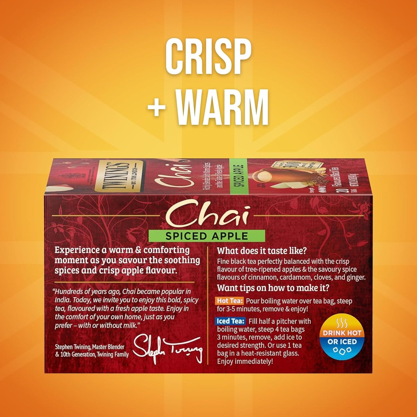 Twinings Spiced Apple Chai Black Tea Individually Wrapped Bags, 20 Count (Pack of 6), Sweet, Savoury Spices, Caffeinated, Enjoy Hot or Iced, 120 Teabags