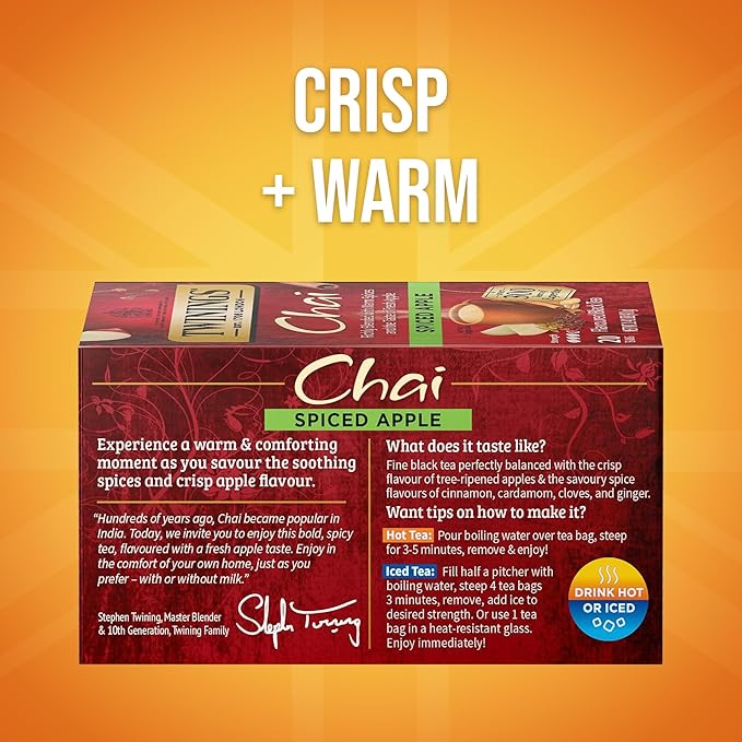 Twinings Spiced Apple Chai Black Tea Individually Wrapped Bags, 20 Count (Pack of 1), Sweet, Savoury Spices, Caffeinated, Enjoy Hot or Iced, 20 Teabags - Bloomnest
