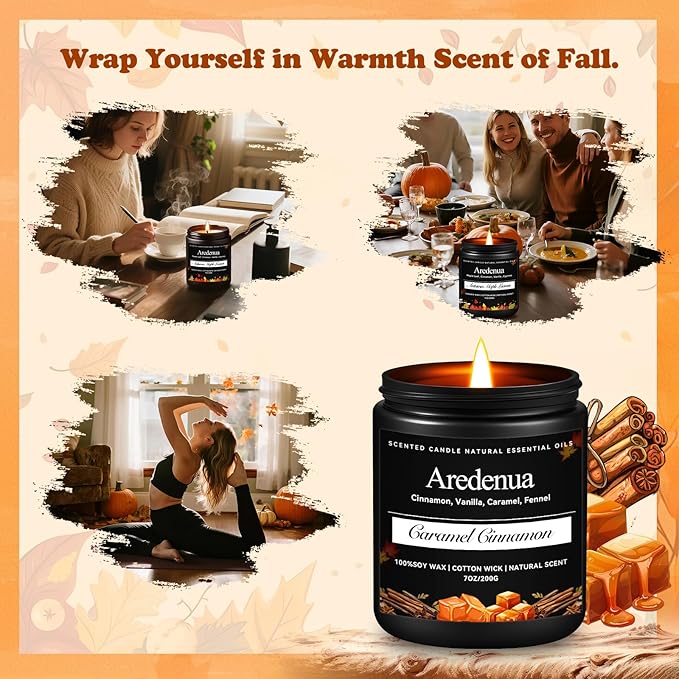 Fall Candles - Caramel Cinnamon Candle | Fall & Winter Scented Candles - Warm Cinnamon Spiced Aroma, 7 oz Soy Candle for Home Scented, Cozy Seasonal Holiday Gift for Women & Men - Bloomnest