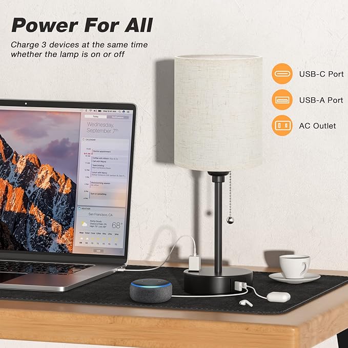 Small Bedside Lamps 3 Color Modes - Off White 3000K 4000K 5000K Bedroom Lamps with USB C and A Ports, Pull Chain Table Lamps with AC Outlet, Nightstand Lamps with Black Metal Base for Kids Reading - Bloomnest