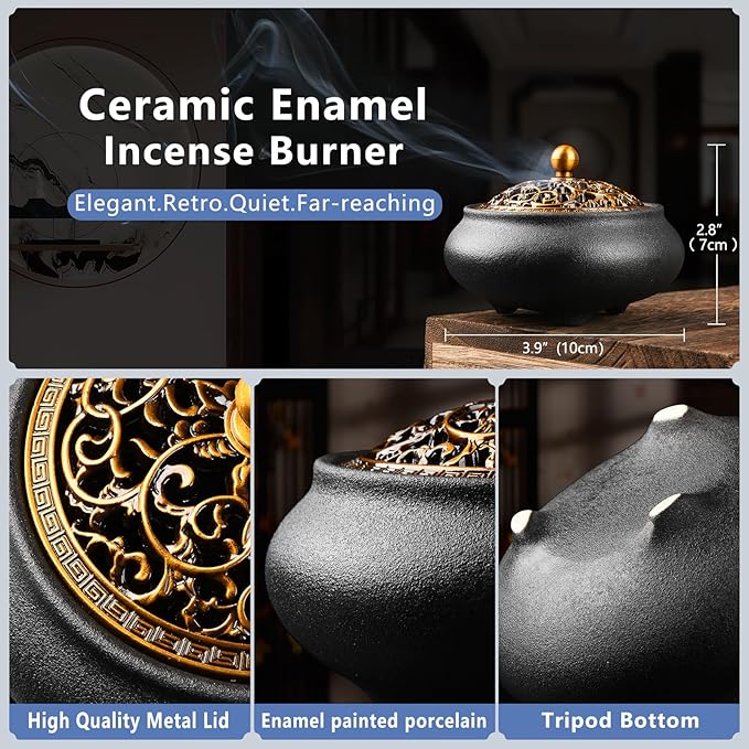 Ceramic Incense Burner with Incense Stick Holder,Use for Stick/Coil Incense,Sage, Mosquito Incense and Charcoal,Handmade for Cleansing House Negative Energy & Other Smudging Rituals (Black) - Bloomnest
