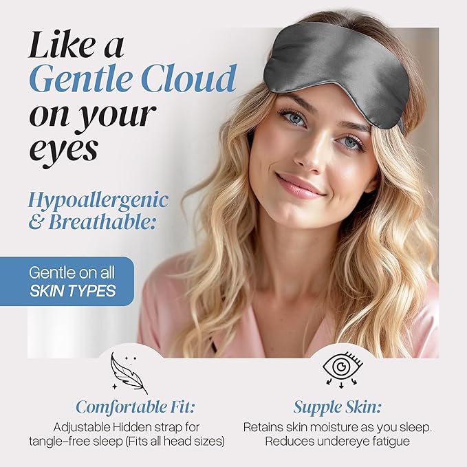 Adjustable Blackout Silk Sleep Mask - Luxurious 100% Pure Mulberry Eye Mask for Restful Sleep & Travel, Hypoallergenic, Cooling, for Women & Men, Grade 6A Silk (Charcoal Grey) - Bloomnest