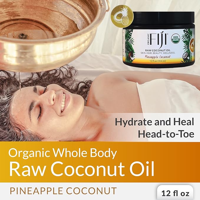 Organic Fiji Raw Cold Pressed Coconut Oil for Hair, Skin, Face & Body | Relaxing Massage Oil | Pineapple Coconut,12 oz for Women Men & Baby - Bloomnest