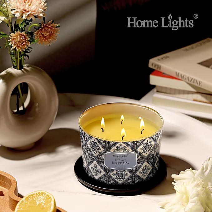 HomeLights 4-Wick Candles for Home Scented - 18oz Soy Wax Blend Candle Long-Lasting Fragrance, Bohemian Natural Textures Home Decor and Housewarming Gifts, Lilac Blossom - Bloomnest